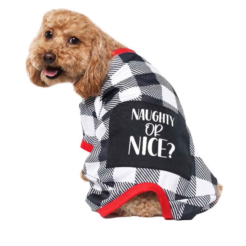 LMT: Knit Jersey Pajama for Dogs, B & W Plaid Naughty or Nice Glitter Scree…